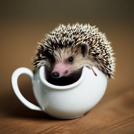 Prompt: baby hedgehog in a teacup, photography, bokeh, sigma 5 0 mm f / 1. 4, minimalistic, 8 k