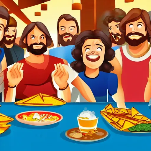 Prompt: jesus and his disciples having a fun dinner at an arcade splitting nachos