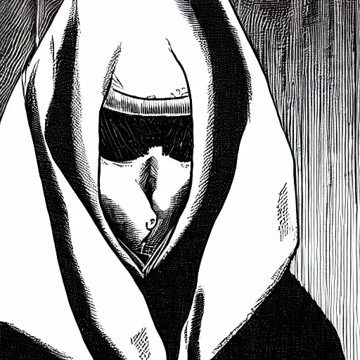 Prompt: hooded man with masked face, junji ito,