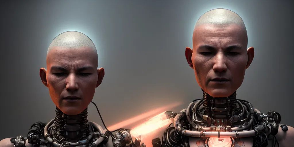 Prompt: 3 d render of the meditating monk with mohawk and tattoo on face and cybernetic enhancements, 3 d render, octane render, scifi character portrait by greg rutkowski, craig mullins, cinematic lighting, dystopian scifi outfit, profile picture, mechanical, cyborg, half robot ultra realistic 8 k resolution.