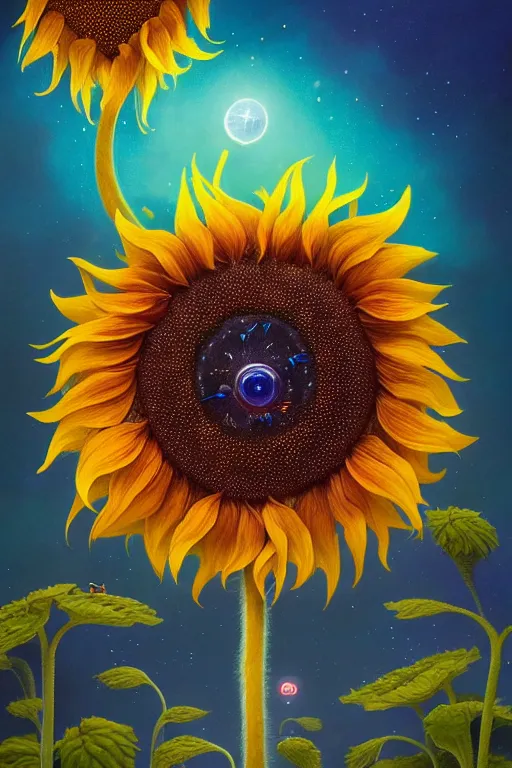 Image similar to a surreal Bioluminescent, very very very cute sunflower in a happy world by Daniel Merriam, Trending on Artstation, oil on Canvas by Elena Zhurikhina and Goro Fujita and Charlie Bowater, octane render, 4k, 8k, HD