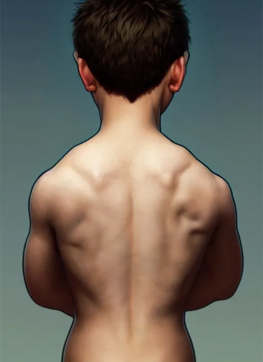 Image similar to perfectly - portrait of a boy from behind, intricate, highly detailed, digital painting, artstation, concept art, smooth, sharp focus, illustration, unreal engine 5, 8 k, art by artgerm and greg rutkowski and alphonse mucha