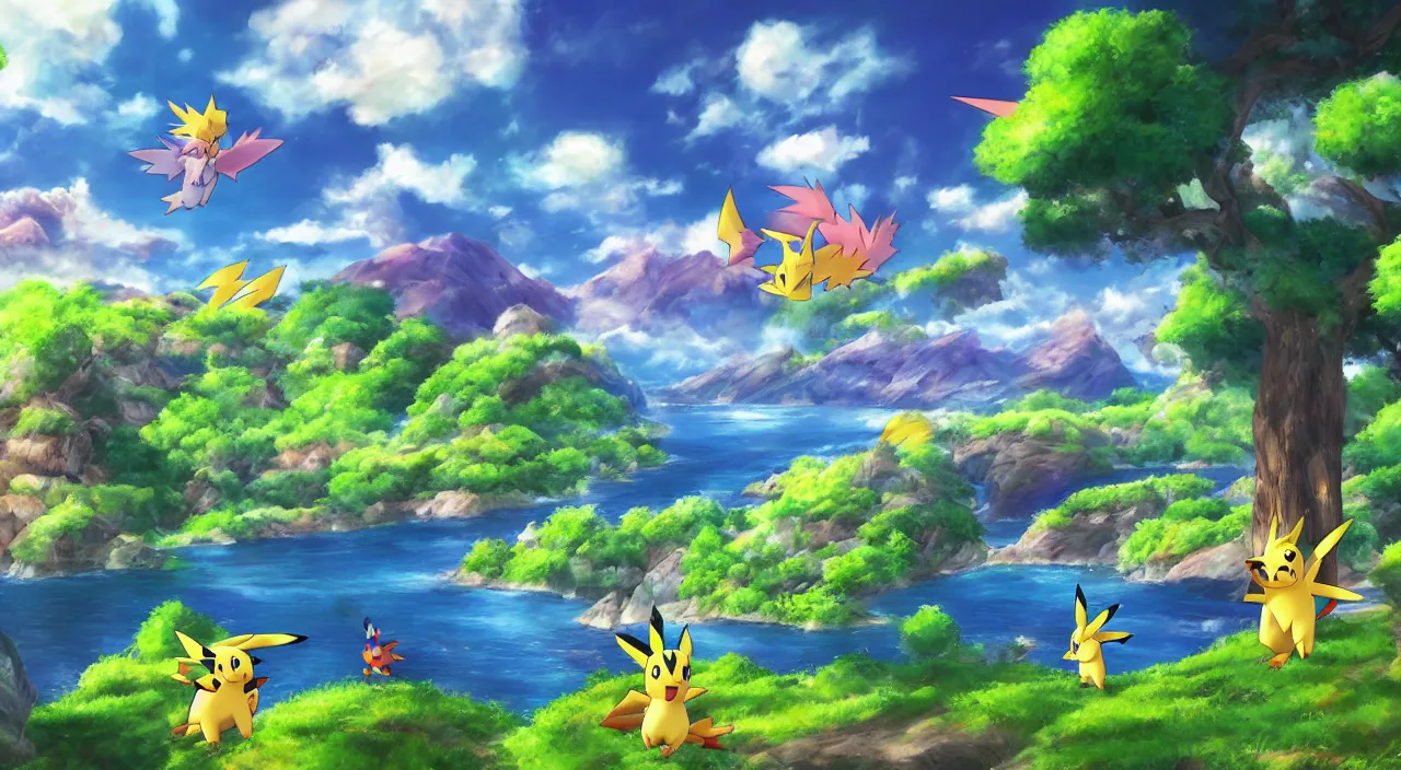 Image similar to majestic pokemon landscape, high definition, high detail, 8k, photorealistic,