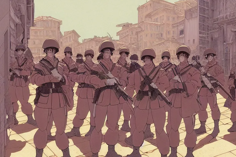 Prompt: cel shaded study of a group of soldiers in a late renaissance city, key visual with intricate linework, in the style of moebius, ayami kojima, 90's anime, retro fantasy