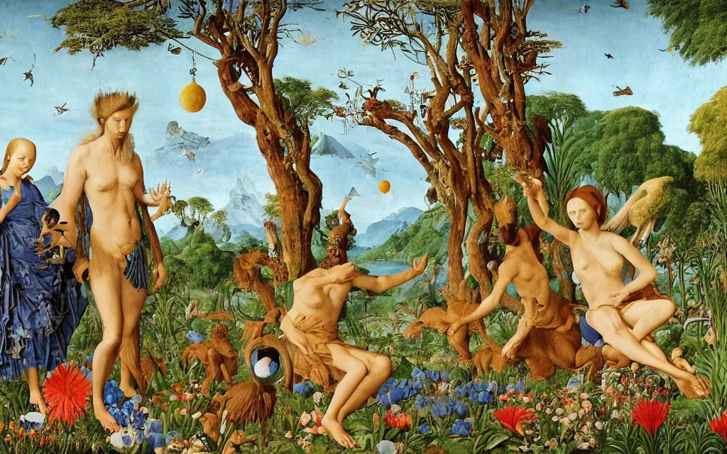 Image similar to a portrait photograph of a meditating harpy and a centaur prince feeding tropical animals at a wide river delta. surrounded by bulbous flowers, animals and trees. mountain range under a vast blue sky of burning stars. painted by jan van eyck, max ernst, ernst haeckel and artgerm, cgsociety, artstation, fashion editorial