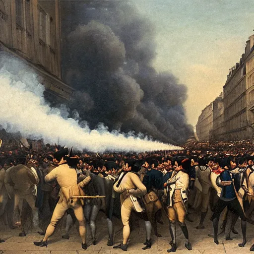 Prompt: Painting of a crowd during the french revolution one early morning in a street in Paris with gun smoke and mist over the crowds, eugène de lacroix, aesthetic, High quality, sharp focus,