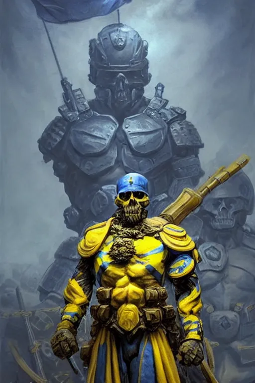 Image similar to a distant shot from behind of a Ukrainian super soldier with blue and yellow flag behind him standing alone on a huge pile of skulls as a winner, masculine muscular figure, D&D, fantasy, intricate, elegant, highly detailed, extremely detailed, digital painting, artstation, concept art, matte, sharp focus, illustration, art by Artgerm and Greg Rutkowski and Alphonse Mucha