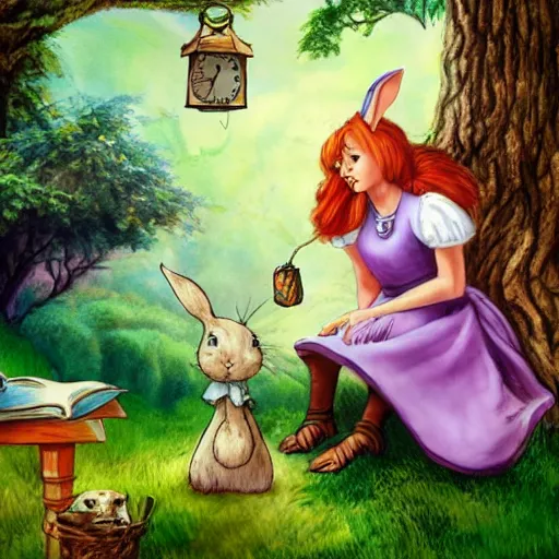 Prompt: alice from wonderland talking to a rabbit while sitting on top of a tree, realistic fantasy art in the style of enid blyton