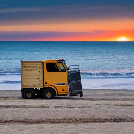 Image similar to a dump truck chilling on the beach, sunset