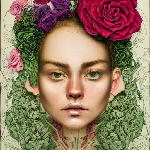 Prompt: the anatomy of a head of lettuce with roses that resemble a beautiful woman, an ultrafine detailed painting by james jean, intricate linework, bright colors, final fantasy, behance contest winner, vanitas, angular, altermodern, unreal engine, global illumination, radiant light, detailed and intricate environment