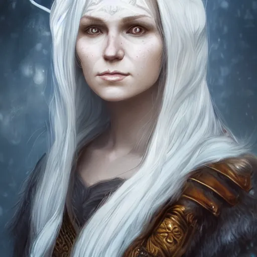 Image similar to Magnificent portrait of a Nordic God mother with white hair, fantasy, medieval, highly detailed, Artstation