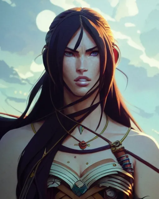 Image similar to azctec warrior, megan fox, detailed perfect face, exquisite details, fire magic, mid view, design on a white background, by studio muti, greg rutkowski makoto shinkai takashi takeuchi studio ghibli