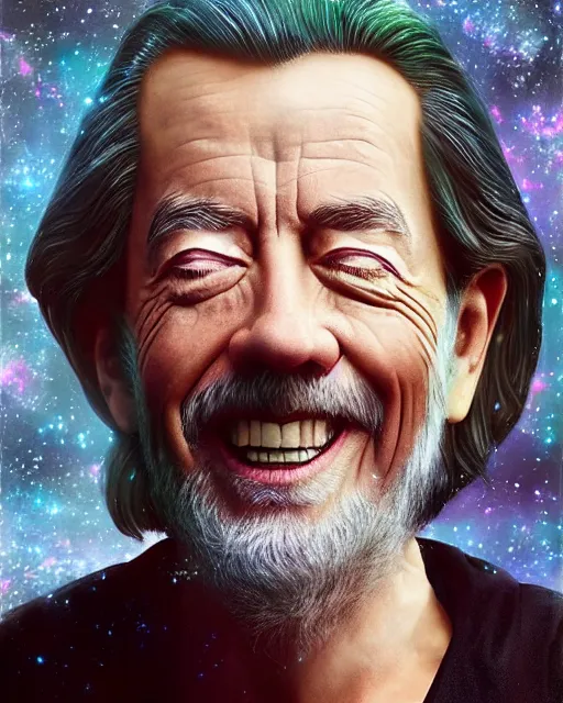 Image similar to alan watts grinning meditating in galaxy universe realistic dramatic lighting stylized soft airbrush painting highly detailed, 3d render senior artist, photorealistic, textured, featured on artstation