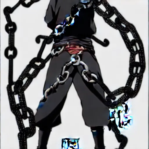 Image similar to A FULL BODY PORTRAIT FROM BEHIND OF MADARA UCHIHA ,THE MAN KEEPS A KUSARIGAMA AND IT IS WRAPPED IN CHAINS ,detailed, concept art, ink style , sketch