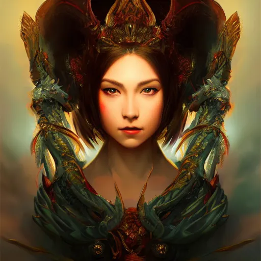 Prompt: a stunning poster style portrait painting of a dragon goddess, in the style of WLOP, 8k masterpiece, cinematic lighting, pristine clean design, fantasy, insanely detailed, atmospheric,