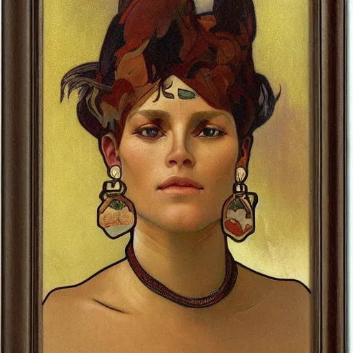 Image similar to portrait of Neytiri with tan skin and spiky short red hair by Alphonse Mucha and Grant Wood, tufted ears, avatar, gold eyes, wearing a men's suit