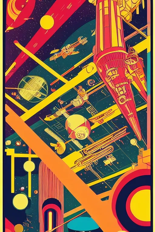 Image similar to a 6 0 s art deco poster with the interior of an international space station fuill of electronic equipment, poster art by milton glaser, kilian eng, moebius, behance contest winner, psychedelic art, concert poster, poster art, maximalist