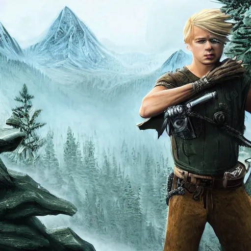 Image similar to blonde boy fantasy thief, high detail face, realistic, ultra detailed, menacing, powerful, dark, shallow focus, forest, mountains in the background concept art design as if designed by Wētā Workshop