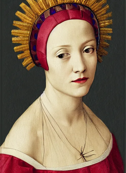 Image similar to portrait of young woman in renaissance dress and renaissance headdress, art by folon