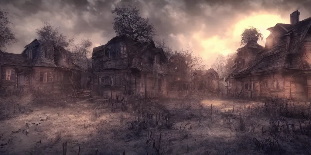 Prompt: haunted village full of ghosts, fantasy apocalypse, digital art, unreal engine 5, 4 k,