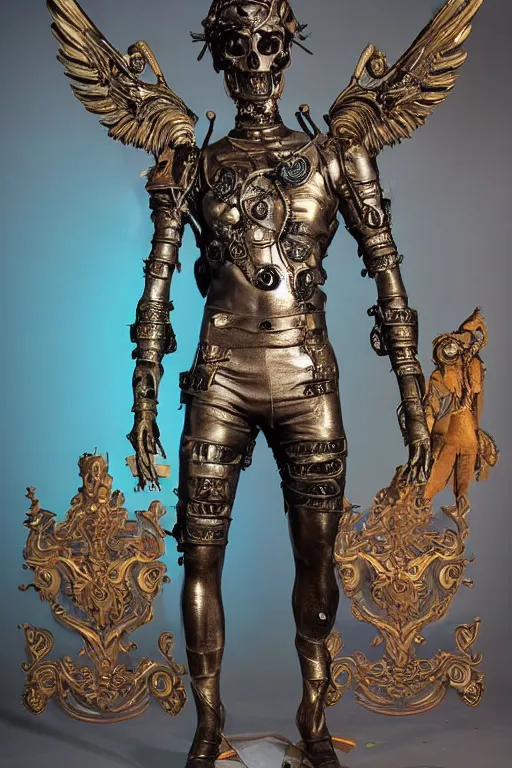 Prompt: full-body cyberpunk style bronze statue of a young handsome Spanish prince half android with a chest opening exposing circuitry and a sparking motherboard, glowing blue eyes, crown of peach roses, flowing teal-colored silk, fabric, flowers. baroque elements, human skull. full-length view. baroque element. intricate artwork by caravaggio. many many birds birds on background. Trending on artstation, octane render, cinematic lighting from the right, hyper realism, octane render, 8k, depth of field, 3D