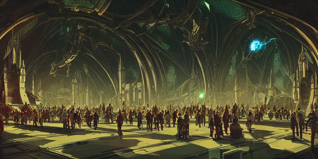 Prompt: cel shaded cinematic shot of the interior of a sci-fi space station with ornate Elven architecture bustling with people and flying cars, epic castle, gothic architecture, emerald, crystalline, detailed illustration, sharp focus, concept art