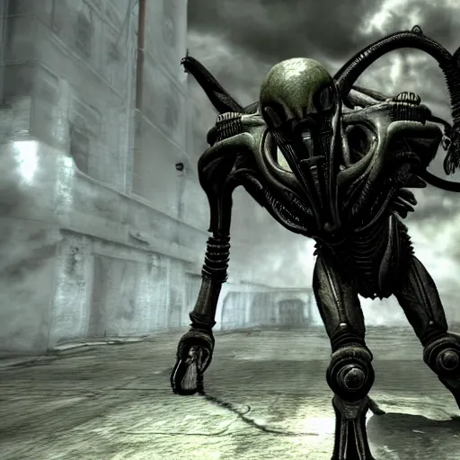 Prompt: Xenomorph in Fallout 3, screenshot, gameplay