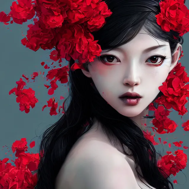 Image similar to studio portrait absurdly beautiful, elegant, graceful, young hypercolorful sensual anime gravure idol rubies and red petals, ultrafine hyperrealistic detailed face illustration by kim jung gi, irakli nadar, intricate linework, sharp focus, bright colors, matte, octopath traveler, final fantasy, unreal engine highly rendered, global illumination, radiant light, intricate environment