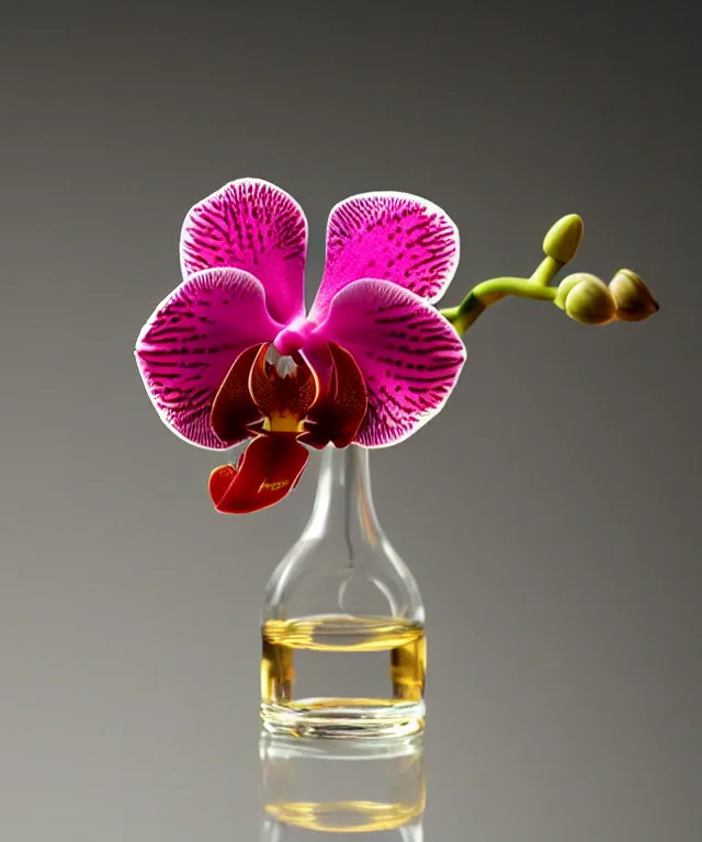 Prompt: a beautiful orchid flower in a bottle of glasses, red color vibe, ultra detailed, light from top