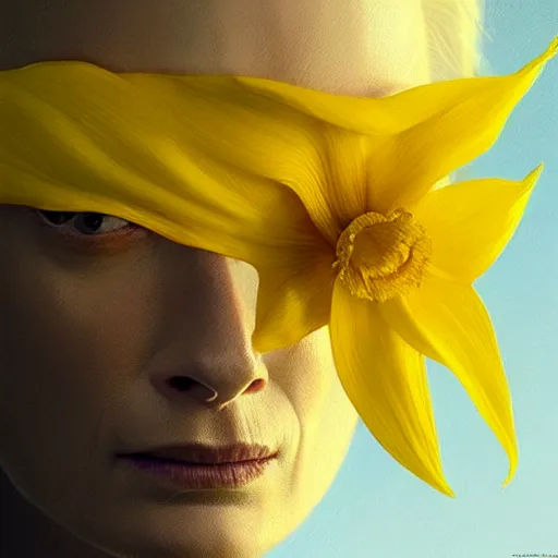 Image similar to close - up tilda swinton face fused with daffodil highly detailed, unreal engine, 3 d art, digital art, painting by greg rutkowski