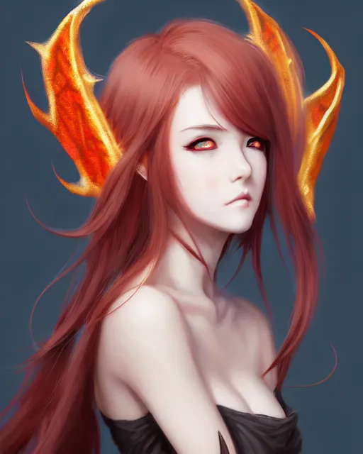 Prompt: character concept art of a woman with fire dragon horns and wings | | very anime, dragon scales, cute - fine - face, pretty face, realistic shaded perfect face, fine details by stanley artgerm lau, wlop, rossdraws, james jean, andrei riabovitchev, marc simonetti, and sakimichan, trending on artstation