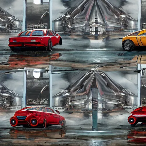 Image similar to parking several cars: center composition, car portrait shot, motherboard forms designed by zaha hadid, sci-fi futuristic ultra realistic photography, keyshot render, octane render, unreal engine 5 lumen, high oiled liquid glossy specularity reflections, ultra detailed, golden hour, dramatic lighting 4k, 8k, 16k in the style ofblade runner 2049 Cyberpunk 2077 ghost in the shell thor 2 marvel film : tilt shift: sharp focus