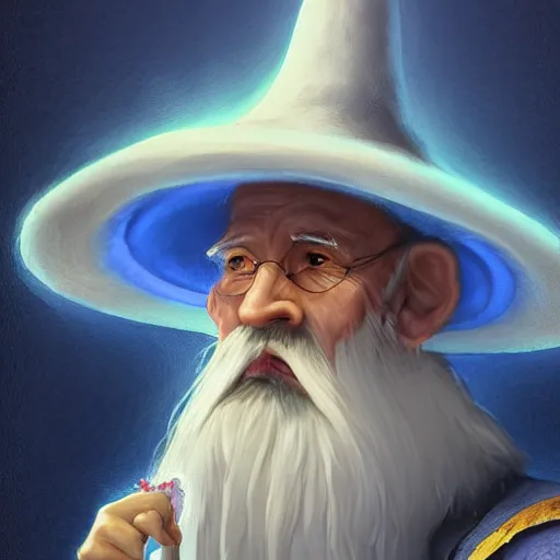 Prompt: a kind old wizard with a long white beard looking a confused, holding a pet chicken perched top of his hat, wearing a blue robe, grey eyes, realistic, detailed, trending on ArtStation, by Tony Sart