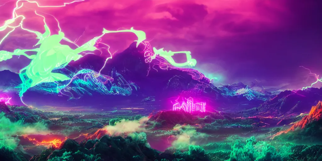 Image similar to 4k realistsic portrait of synthwave dragon breathing neon green fire and purple eyes with mountains in background and stormy clouds