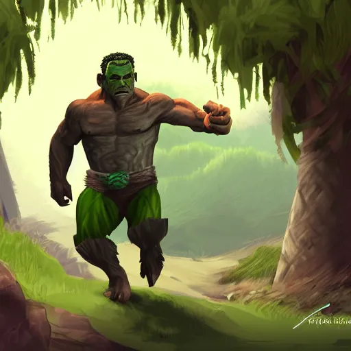 Prompt: the half orc running towards his friends, digital art