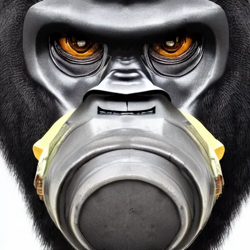 Prompt: high quality photo of A gorilla wearing a gas mask, realism, 8k, award winning photo