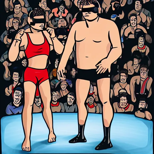 Image similar to shrugging wrestlers wearing vr headsets professionally illustrated by jonathan bruns