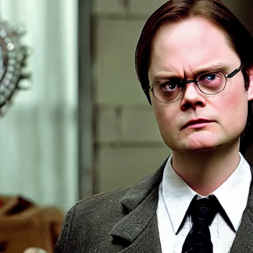 Image similar to dwight schrute playing dumbledore in a harry potter movie