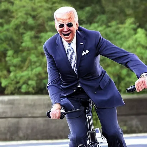 Prompt: full body shot ultra realistic photo of joe biden falling off of his bike, film, perfect face, in the style of a candid photo, perfect face