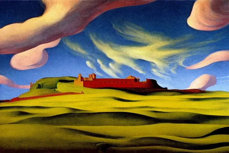 Image similar to dramatic landscape of donegal ireland after the storm, sea is shimmering in the sun, mammatus clouds and lenticular clouds, by edward hopper giorgio de chirico, eyvind earle