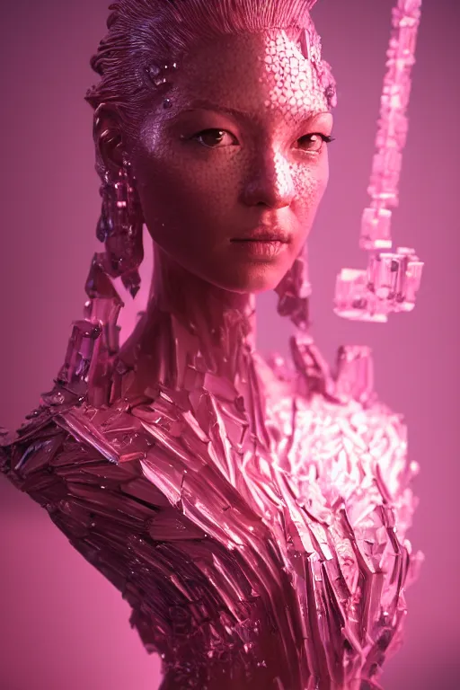 Prompt: A fancy portrait of a pink crystal statue of a women by Greg Rutkowski, beeple, Sung Choi, Mitchell Mohrhauser, Maciej Kuciara, Johnson Ting, Maxim Verehin, Peter Konig, final fantasy, macro lens , 8k photorealistic, cinematic lighting, HD, high details, dramatic, dark atmosphere, trending on artstation