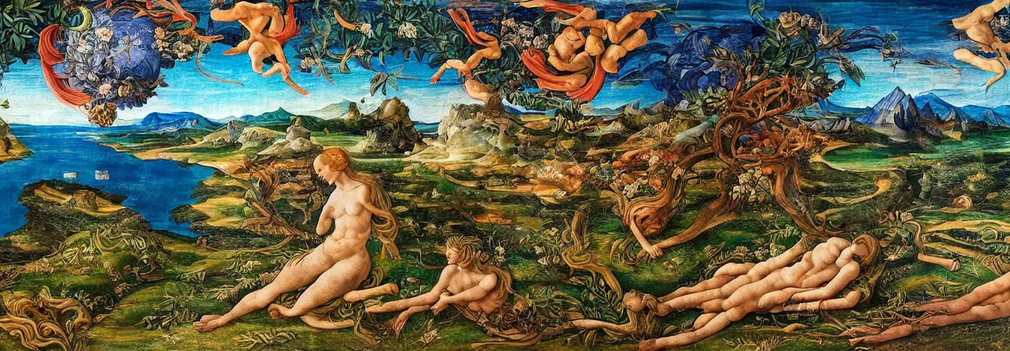 Image similar to beautiful landscape mural of an alien planet, lush landscape, vivid colors, intricate, highly detailed, masterful, fantasy world, in the style of sandro botticelli, caravaggio, albrecth durer