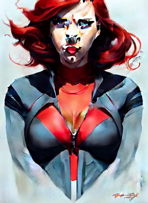 Image similar to peter mohrbacher, phil noto, artgerm, pretty scarlett johansson black widow, symmetrical eyes, long red hair, full body, city rooftop