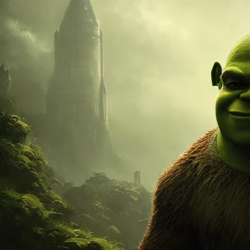 Image similar to portrait of Shrek, amazing splashscreen artwork, splash art, head slightly tilted, natural light, elegant, intricate, fantasy, atmospheric lighting, cinematic, matte painting, by Greg rutkowski