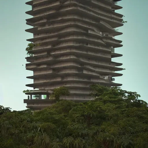 Image similar to A brutalist tower in the middle of a tropical jungle, blue hour, by Jan Morek and Shiromio Srudio, octane render, ArchViz, 4k, detailed