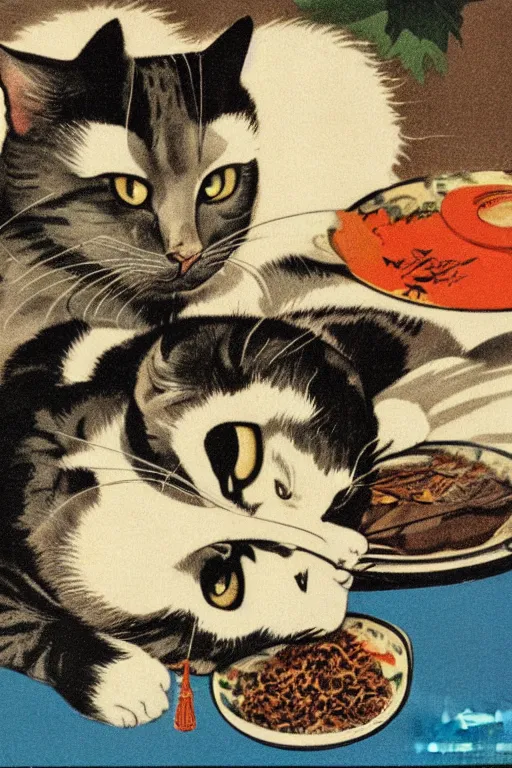 Prompt: cat advertisment, still life, 1 9 7 0 s japan shouwa advertisement, print, nostalgic