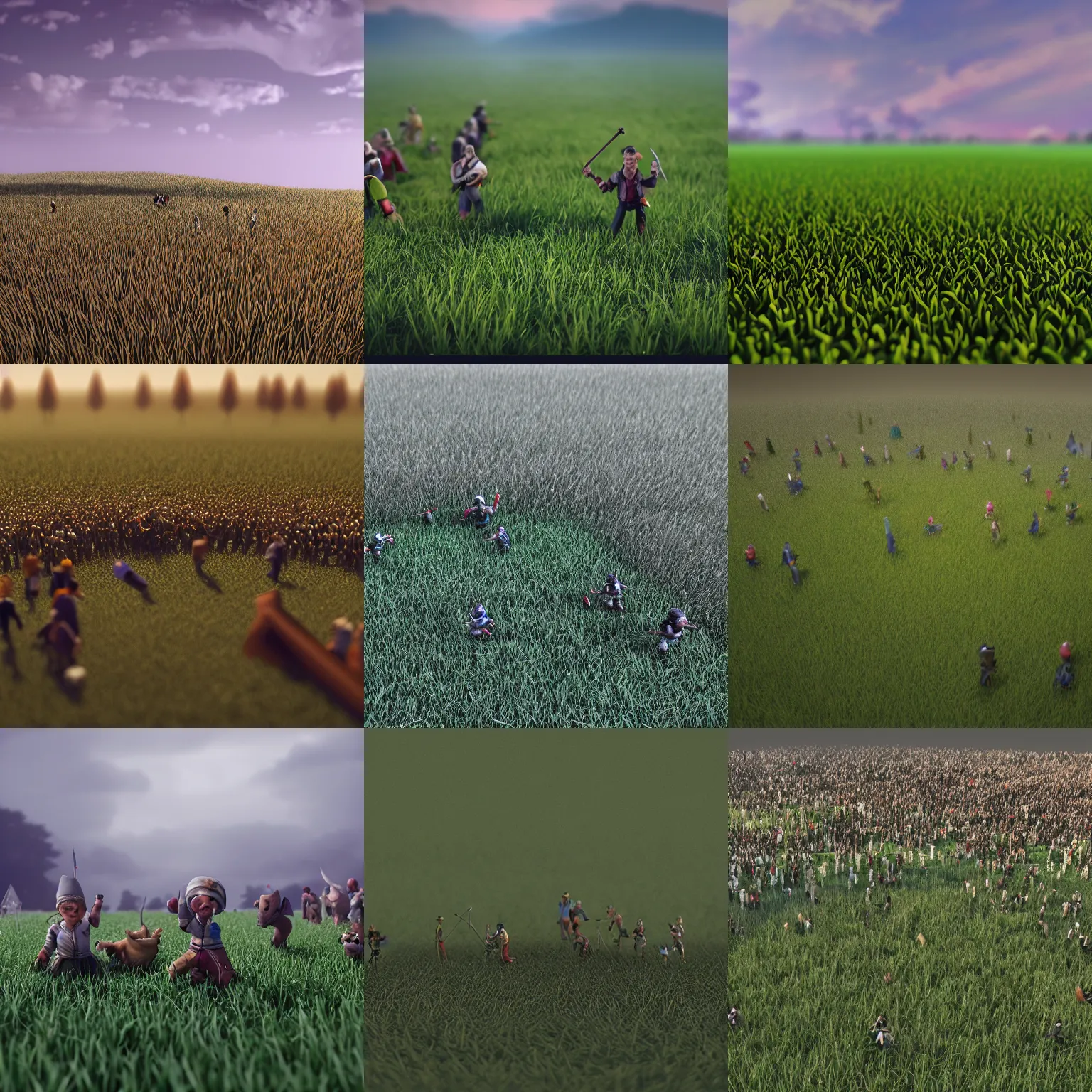 Prompt: miniature crowd on a grass field, matte painting, smooth, sharp focus, highly detailed, trending on artstation