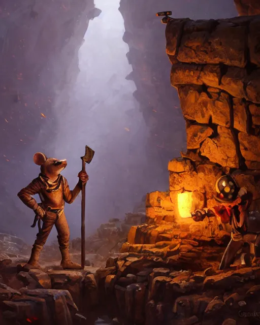 Image similar to oil painting of poor anthropomorphized mouse miner mining gold, pickaxe, close shot, full body, dark steampunk mine shaft background, sharp focus, fantasy style, octane render, volumetric lighting, 8k high definition, by greg rutkowski, highly detailed, trending on art Station, dungeons and dragons artwork, centered