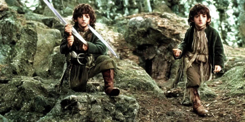 Image similar to A full color still of young Ringo Starr as a hobbit, in The Lord of the Rings directed by Stanley Kubrick, 1970,