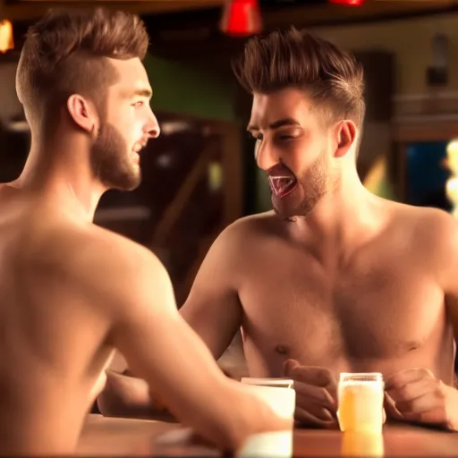 Image similar to attractive male and another attractive male, no shirts, shorts, drinking their hearts out, in the pub, high definition, very detailed, volumetric lighting, still frame